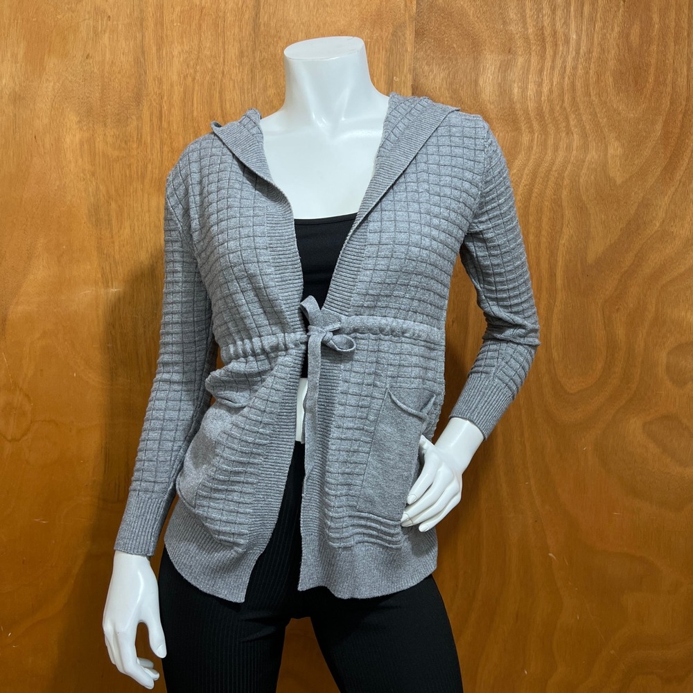S Christina 100% Cashmere Gray Hooded Cardigan Sweater S/M Waffle Knit Tie